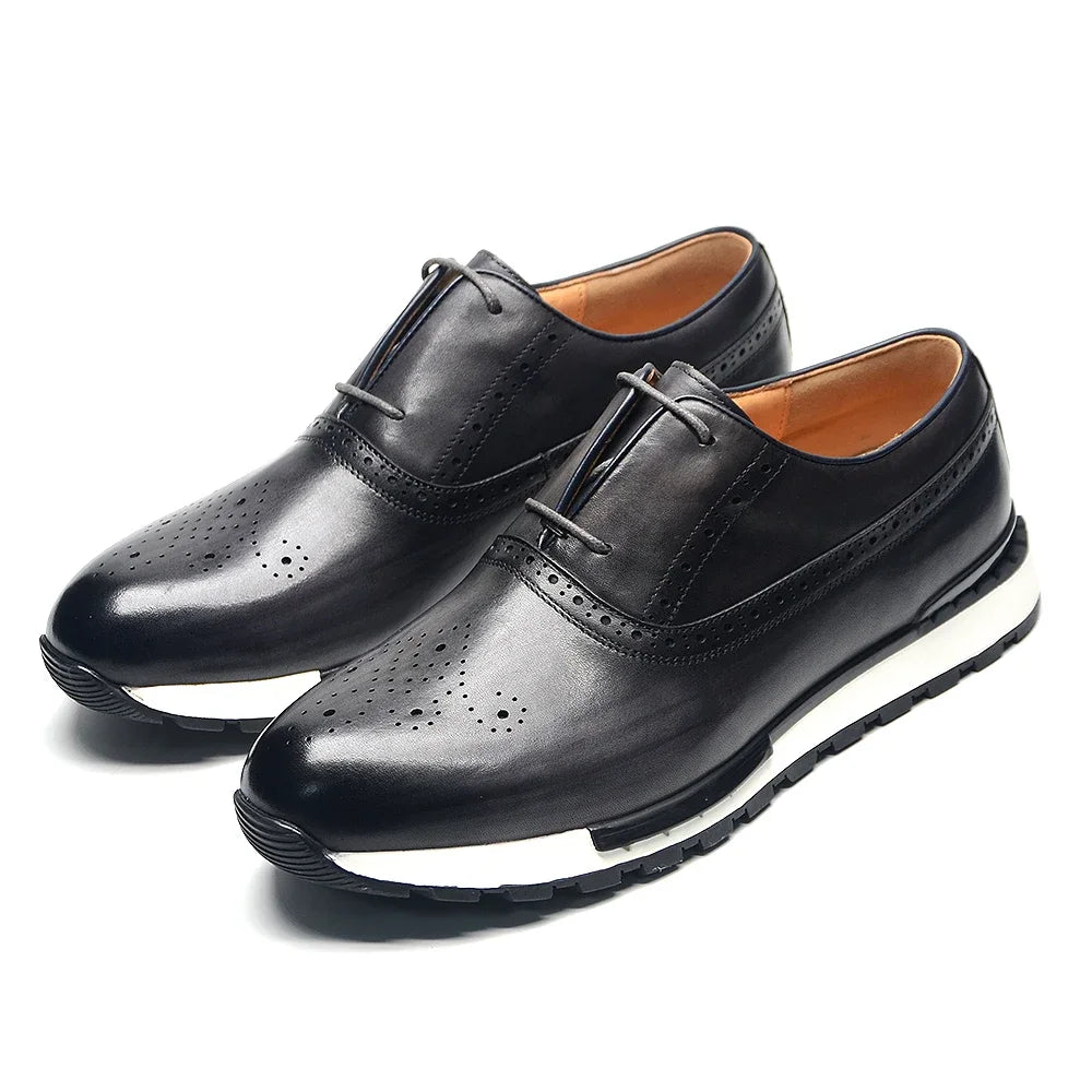 Luxury Brand Men's Calfskin Oxford Sneakers | Sophisticated Two-Eyelet Formal Leather Laces | Elegant "Classic European" Silhouette | "Dignified" Anti-Slip Rubber Sole for Radiant Versatile Styling Luxegan