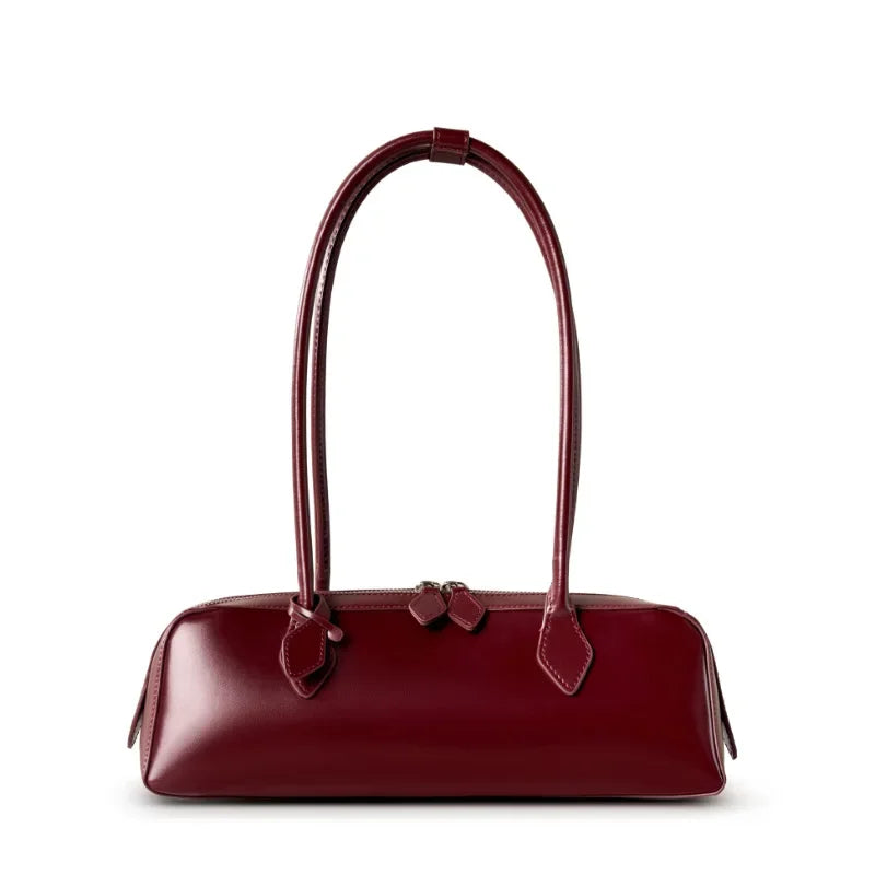 New Genuine Leather Women's Shoulder Bag | Large Capacity Cowhide Luxury Handbag (Long Strip Wine Red Baguette Bag) Luxegan