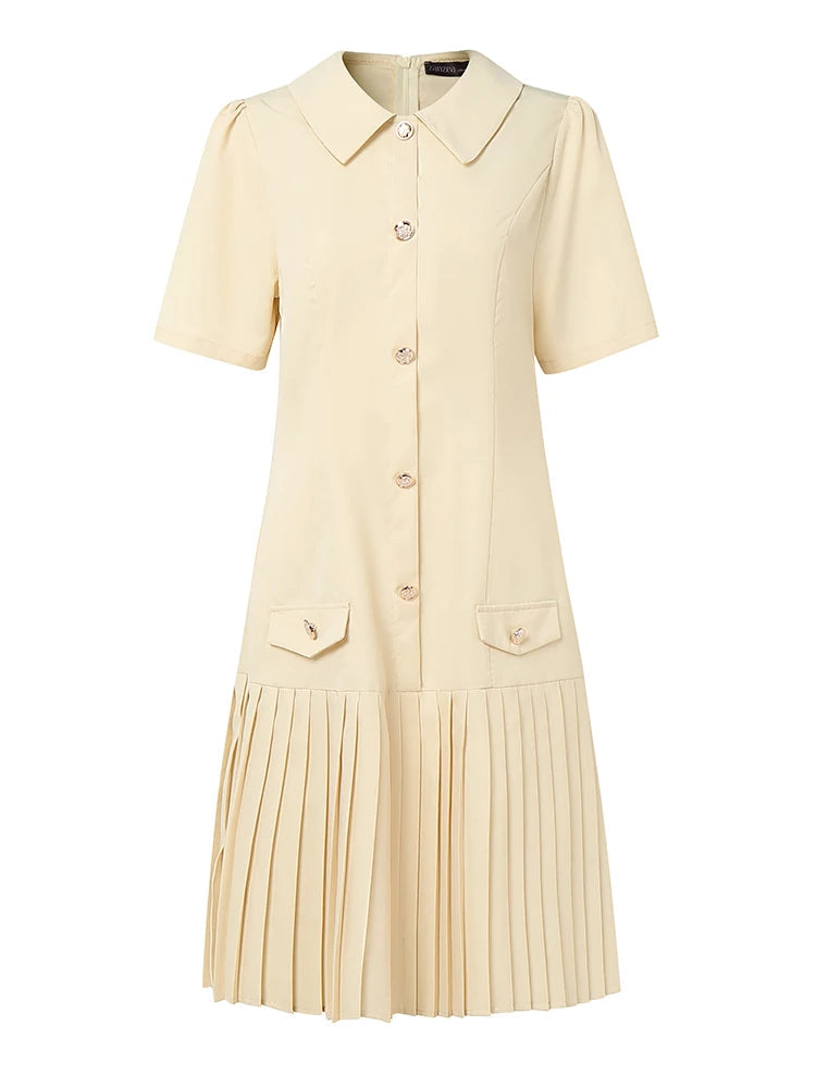 Pleated Lapel Mini Dress | Short Sleeve Button-Trim Work & Casual Sundress Luxegan