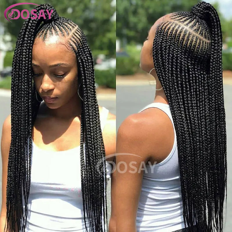 36" Full Lace Frontal Braids Wig Synthetic Side Part Knotless Cornrow Braided Lace Front Wig Twist Braided Faux Locs Braid Wigs Luxegan