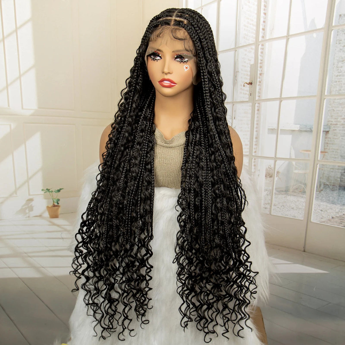 36 Inches Long Boho Braided Wigs with Baby Hair Synthetic Full Lace Knotless Box Braiding Wig with Curly Lace Frontal Wig Luxegan