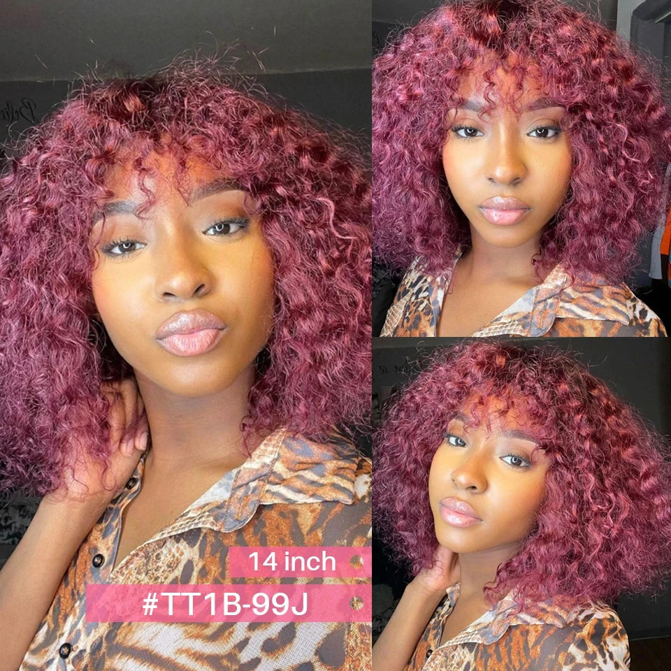 Short Pixie Bob Cut Human Hair Wig with Bangs | Jerry Curly Highlight Water Wave Blonde Colored Wig for Women (Easy Wear) Luxegan