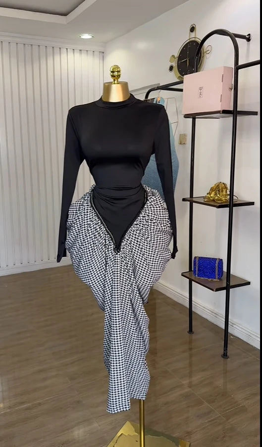 Patchwork Print Ruched Long Sleeve Pencil Maxi Dress – Crew Neck, Empire Waist, Summer Luxegan