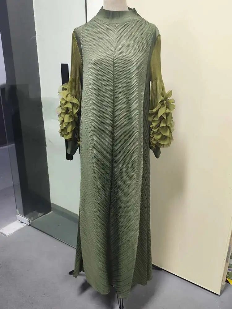 Pleated Lettuce Hem Maxi Dress | Turtleneck Full Sleeve Loose A-Line Casual Dress Luxegan