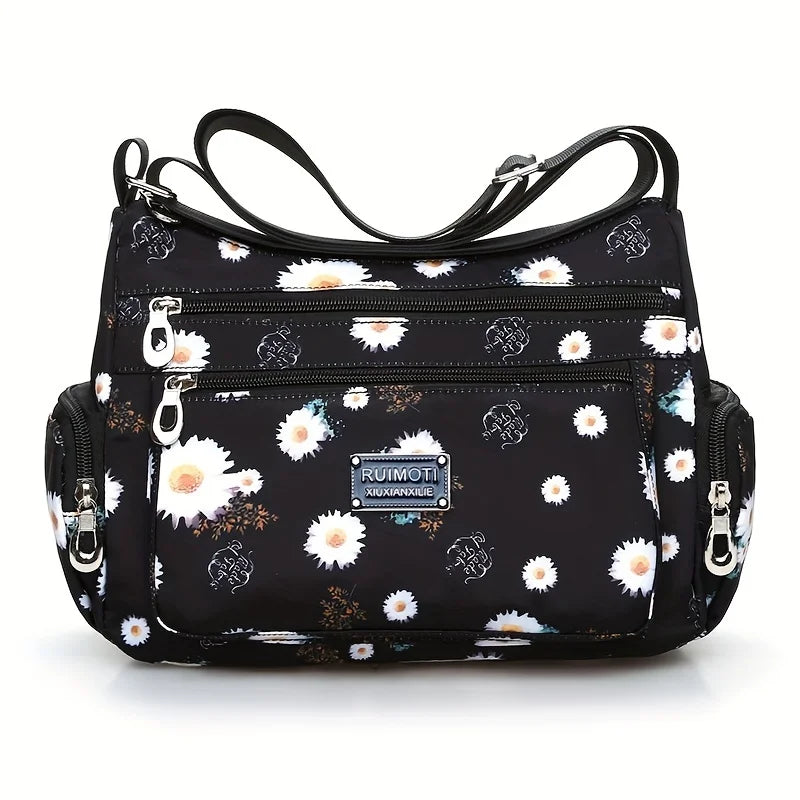 Floral Print Crossbody Bag for Women | Trendy Multi-Layer Nylon Shoulder Bag | Lightweight Travel Messenger & Satchel with Rivet Details Luxegan
