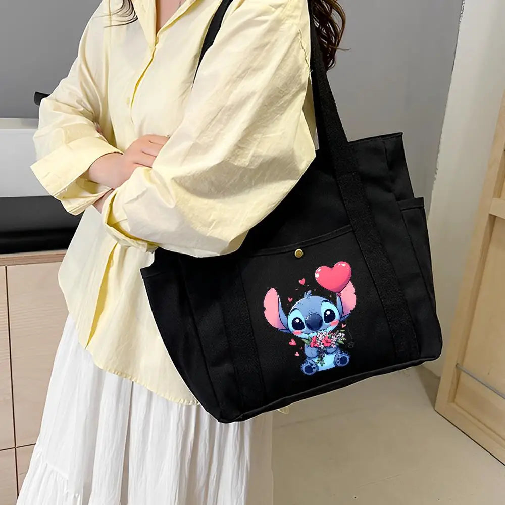 Lilo & Stitch Large Canvas Tote Bag | College Style Commuter & Student Shoulder Bag | Cartoon Shopping Handbag (Unisex) Luxegan