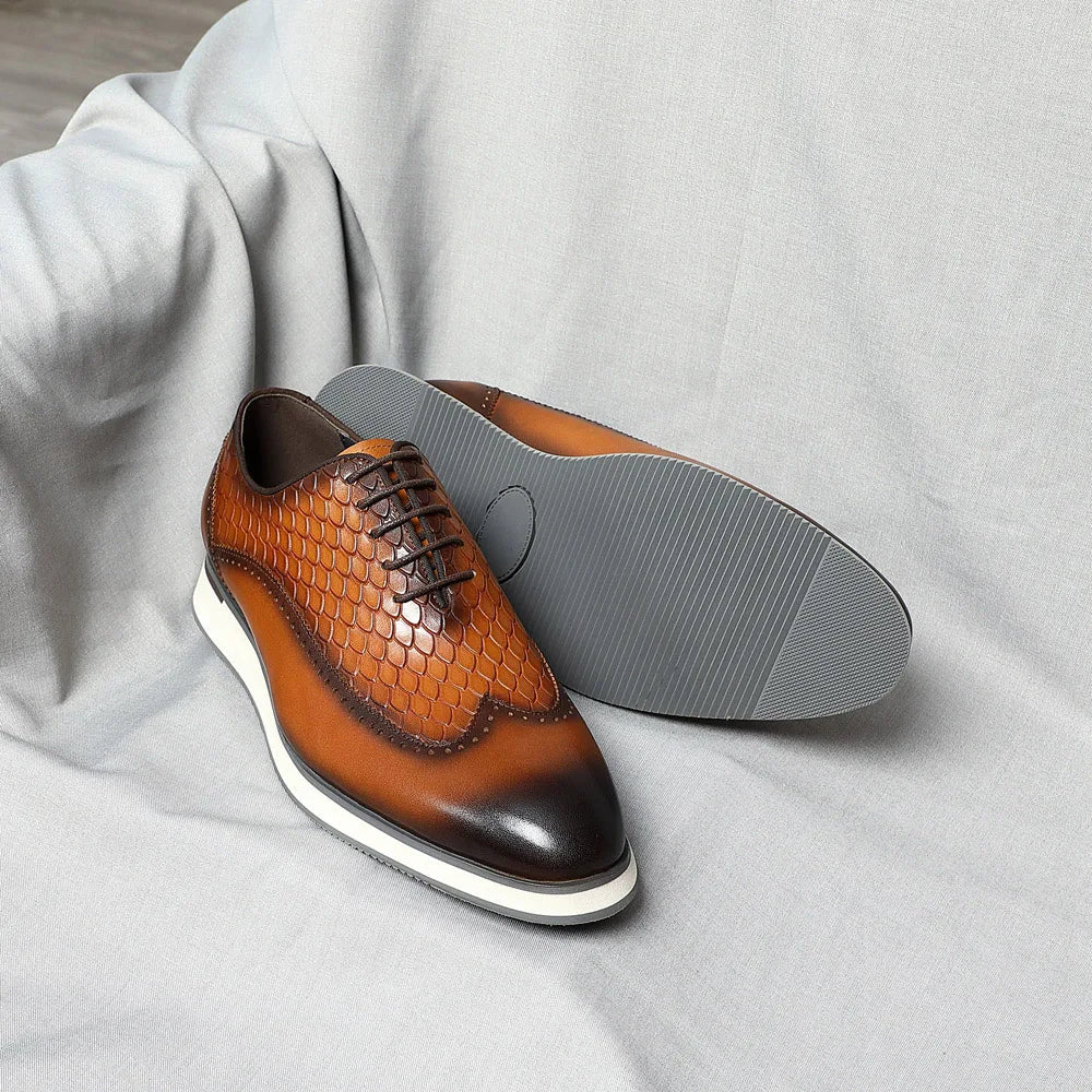 Men's Natural Genuine Leather Oxfords | Classic European Style Snake Print Casual Sneakers (Breathable) Luxegan