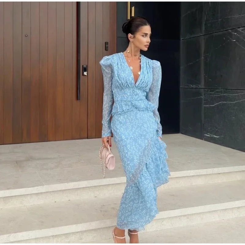 Flutter Sleeves Slim Long Dress Women Casual Pleated Deep V-neck Floral Print High Waist Dresses 2026 Lady Summer Holiday Wear