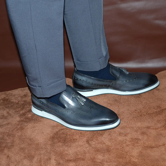 Classic European Gray Genuine Leather Loafers | Sophisticated Rivet & Tassel Accents | Elegant "Genuine Cow Leather" Silhouette | "Dignified" Sheepskin Insole & Non-Slip Rubber for Radiant Versatile Styling Luxegan