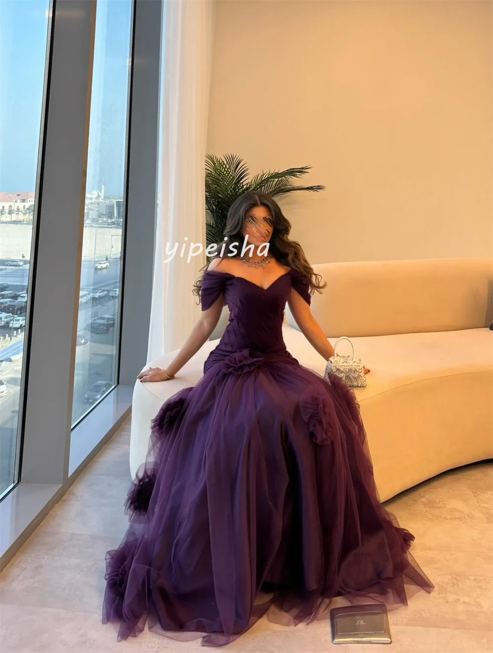 Handmade Flower Tulle A-Line Off-Shoulder Gown | Bespoke Formal Evening Dress Luxegan