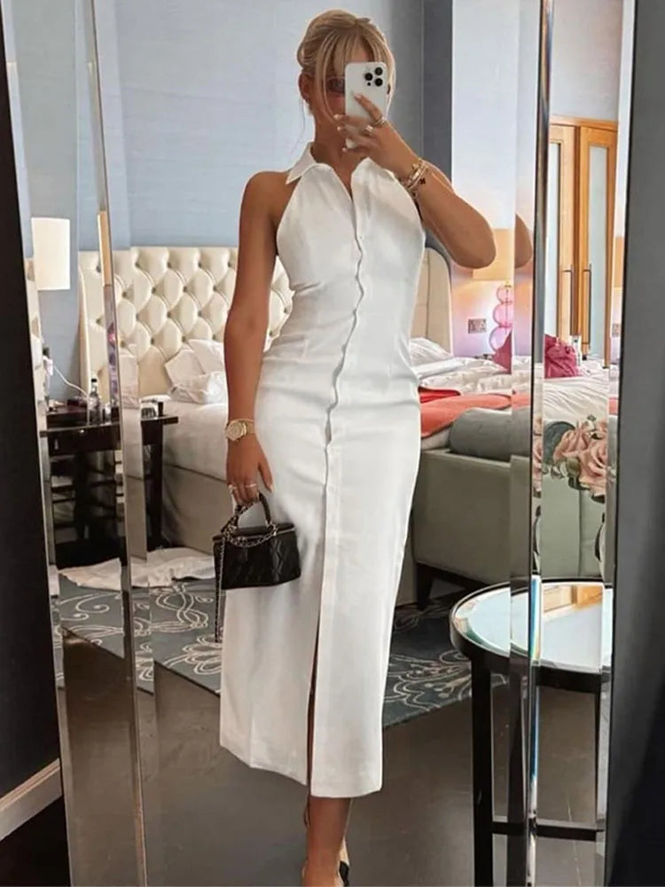 Solid Lapel Collar Short Sleeve Button Detail Slim Fit Sheath Ankle-Length Dress – Natural Waist, Summer Luxegan