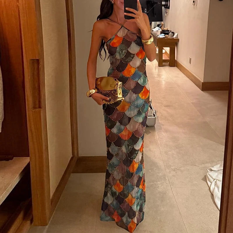 Women's Sexy Color Block Halter Evening Dress | Elegant Backless Full-Length Party Gown | Fashionable Slim Geometric Pattern Dress | Premium Tatting Slight Stretch A-Line Luxegan