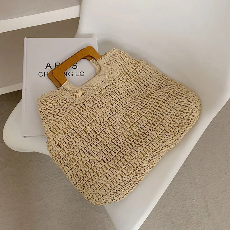 Summer Woven Straw Handbag | Wooden Handle Bag & Large Capacity Beach Tote Luxegan