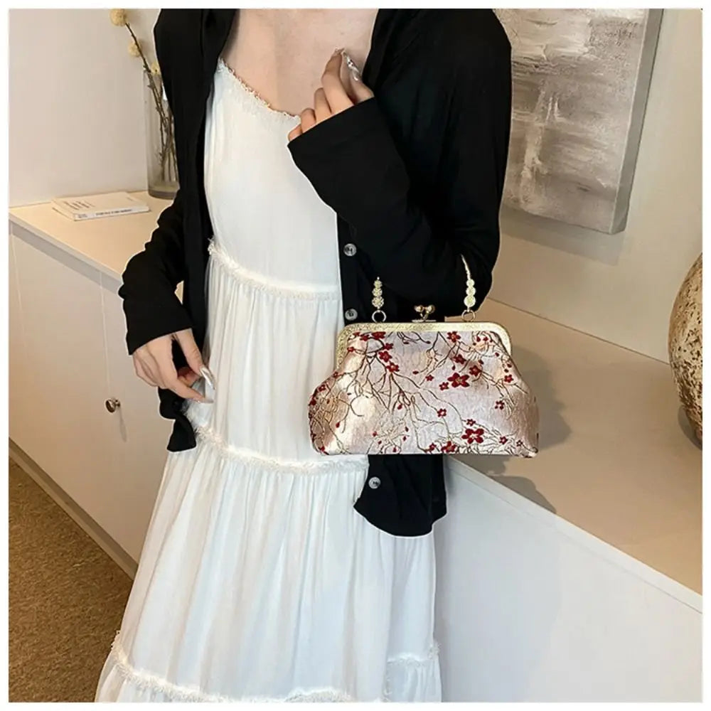 Fashion Silk Chinese Style Handbag | Retro Embroidery Shell Bag | Elegant Minaudière Shoulder & Crossbody Bag | Traditional Artisan Single-Strap Ladies' Purse Luxegan
