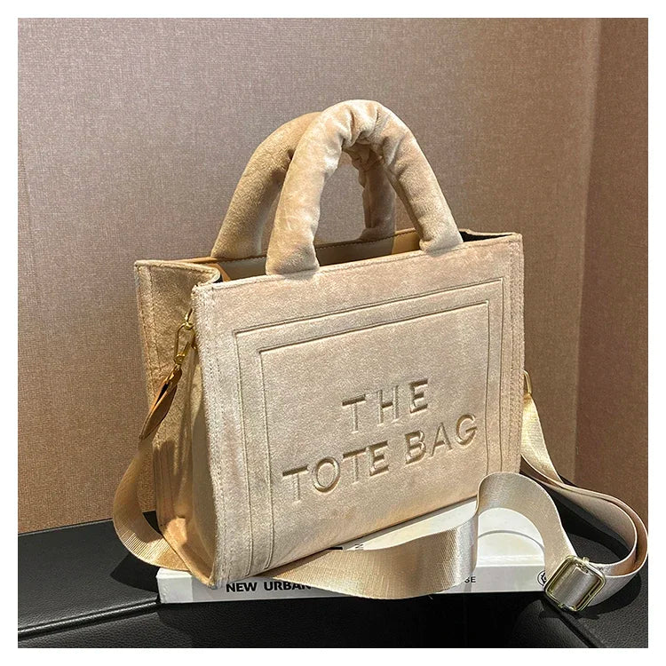 Khaki Velour Letter Print Tote Bag | Soft Medium Shoulder Shopper Luxegan