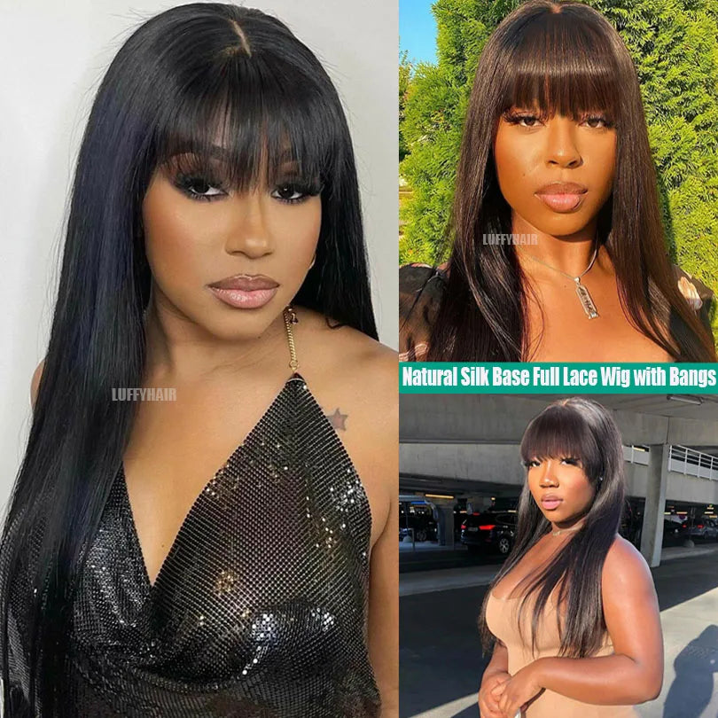 Silk Top Full Lace Human Hair Wig | Sophisticated 5x4.5 Silk Base Straight Hair | Elegant "Brazilian Remy" 18–24 Inch Length | "Dignified" Pre-Plucked Wig with Fringe for Radiant Versatile Styling Luxegan