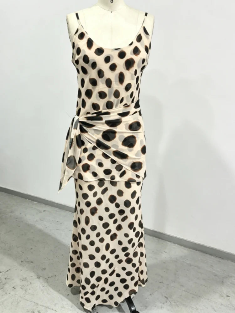 Animal Print Maxi Dress | Deep V-Neck Spaghetti Strap Waist Tie Slit Evening Dress Luxegan
