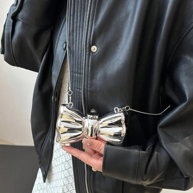 Personalized Fashion Mini Electroplated Silver Metal Bow Clutch | Shiny Cosmetic Chain Crossbody Bag & Coin Wallet (Minaudière) Luxegan