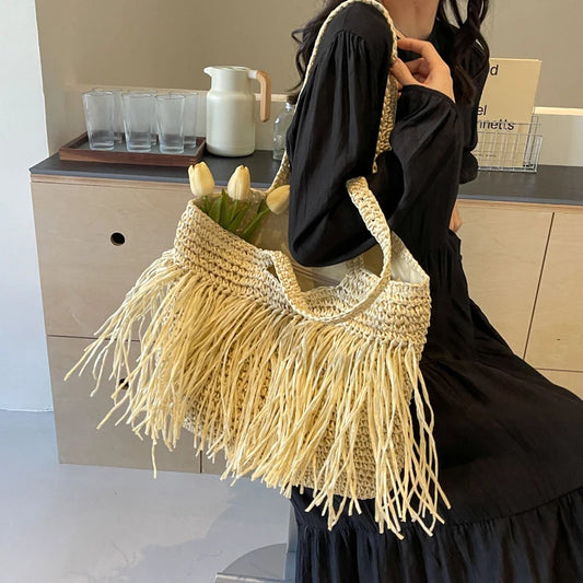 Bohemian Tassel Woven Bag | Handmade Straw Tote & Shopper Luxegan