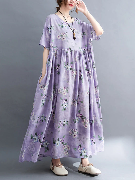 Floral Print Round Neck Short Sleeve Loose A-Line Mid-Calf Dress – Cotton Blend, Summer Luxegan