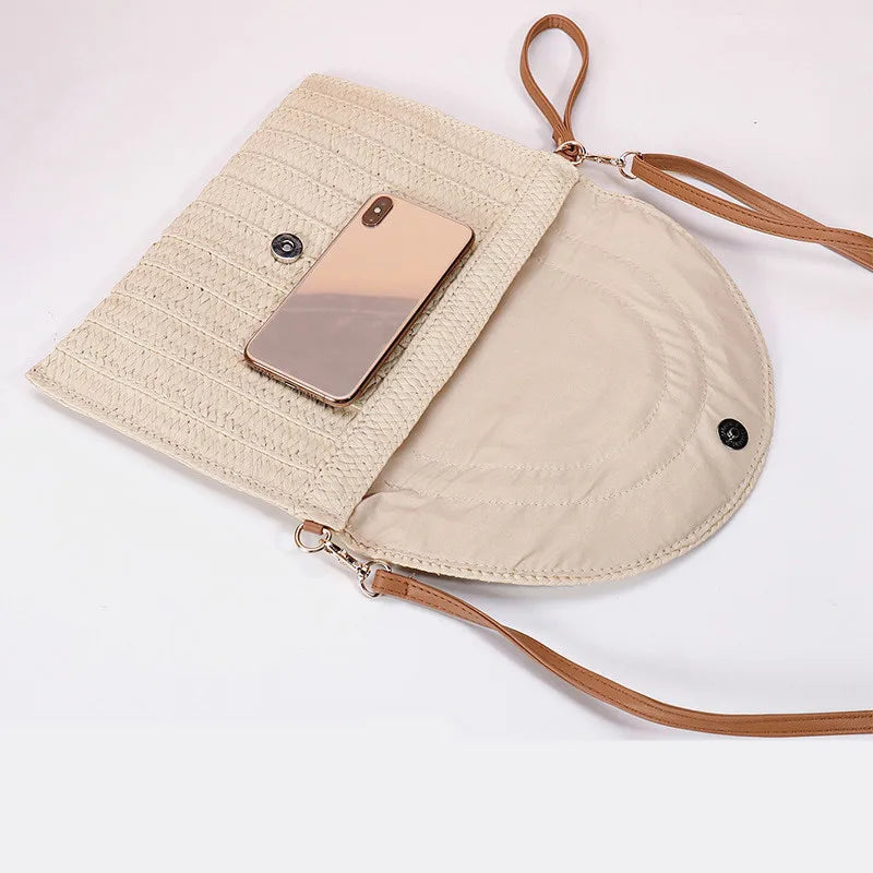 Bolsos de playa de verano para mujer Bolso bandolera de paja hecho a mano con sobre Bolso de hombro trenzado Bolso de mano de vacaciones tejido