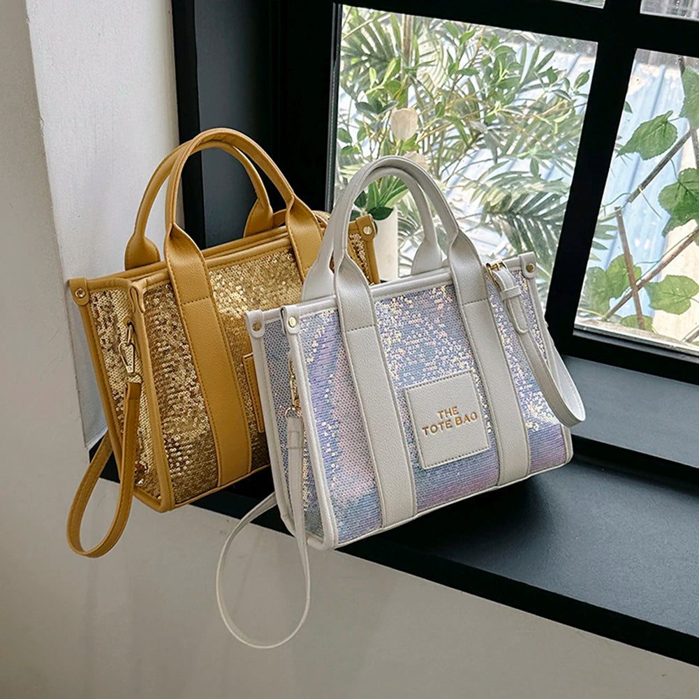 Women’s Shiny Sequin Shoulder Bag | Fashionable PU Leather Top-Handle Tote | Casual Portable Shopper with Adjustable Straps Luxegan