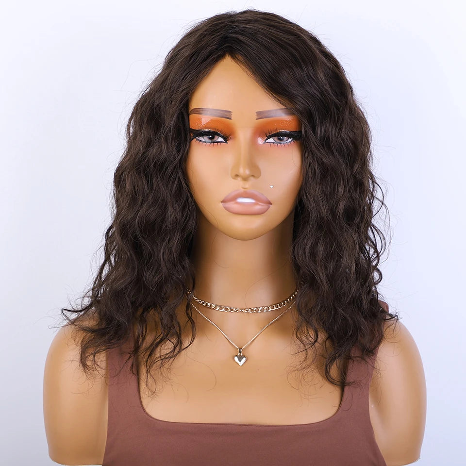Glueless Short Curly Bob Wig with Fringe Bangs | Honey Brown Mixed Blonde Highlight Water Wave Wig | 100% Brazilian Remy Human Hair Side-Part Pre-Plucked Fluffy Curly Wig for Women Luxegan