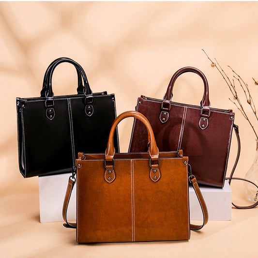 Genuine Leather Crossbody Shoulder Tote | Sophisticated Real Cowhide Fashion Handbag | Elegant Office Top-Handle Messenger | "Dignified" Soft Leather Box Bag for Versatile Professional Styling Luxegan