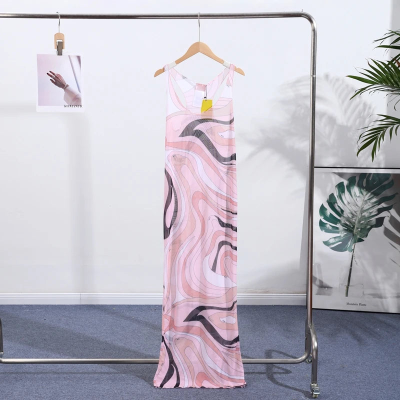 Print O-Neck Sleeveless Slim Fit Straight Midi Dress – Natural Waist, Cotton Blend, Spring/Summer Luxegan
