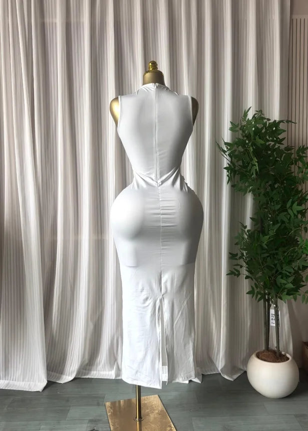 Women's Sleeveless Stacked Ruched Side-Up Dress | Sexy O-Neck Cocktail Evening Party Gown | Trendy Birthday Club Bodycon Maxi Dress | Premium Medium Stretch Brocade Empire Waist Pencil Vestido Luxegan 