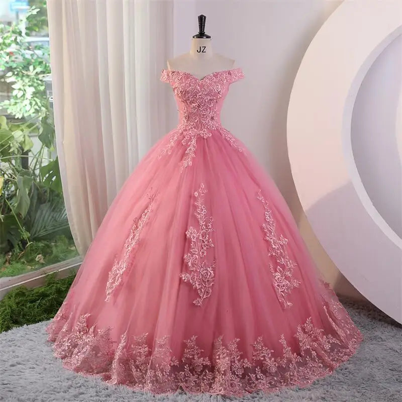 Luxury Floral Tulle Quinceañera Ball Gown | Off-The-Shoulder Sweet 15 Party Dress | Floor-Length Embroidered Lace Princess Dress Luxegan