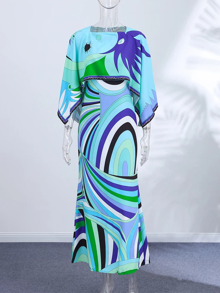 Print Square Neck Patchwork Detail Regular Fit A-Line Ankle-Length Dress – Available as Dress or 2-Piece Set with Cape Top, Summer Luxegan