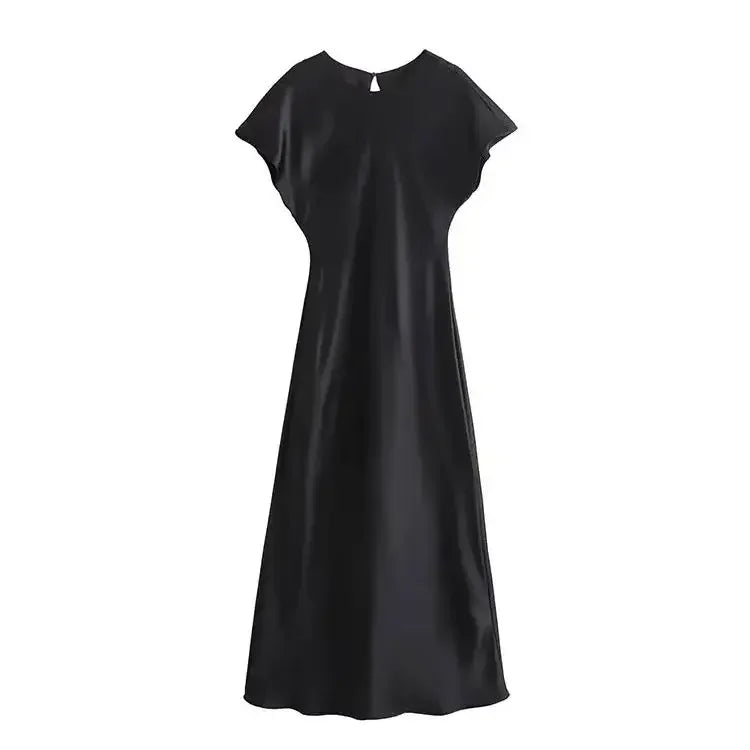Women's Elegant Solid Satin Midi Dress | Chic Vintage O-Neck Short Sleeve Evening Gown | Luxury All-Season Slim Fit Party Dress | Premium A-Line Mid-Calf Vestido Model 9965 Luxegan