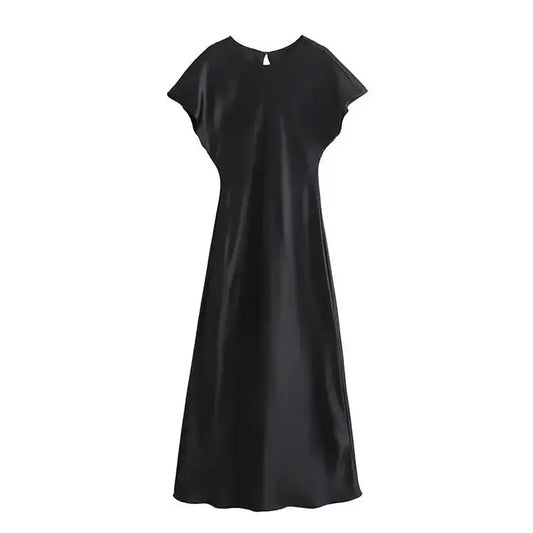 Women's Elegant Solid Satin Midi Dress | Chic Vintage O-Neck Short Sleeve Evening Gown | Luxury All-Season Slim Fit Party Dress | Premium A-Line Mid-Calf Vestido Model 9965 Luxegan