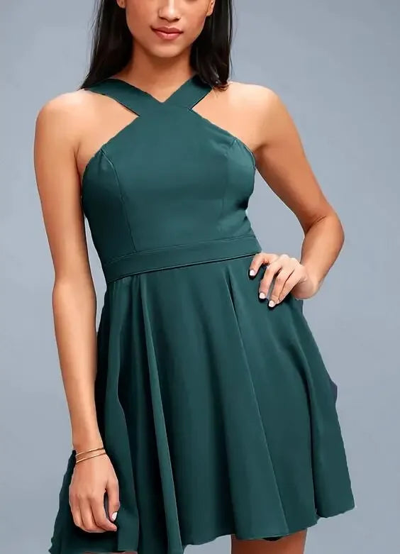 Solid Halter Sleeveless Hollow-Out Loose Fit A-Line Mini Dress – Non-Stretch Chiffon, Empire Waist, Summer Luxegan