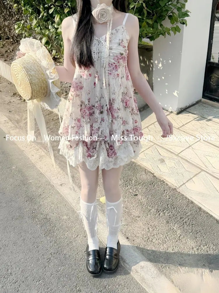 Women's Y2k Lolita Cute Mini Dress | Spicy Girls Floral Style Lace-Up Summer Dress | Elegant Square Collar Ruffle Slim Fit Vestido | Premium Tatting Regular Fit A-Line Dress Model QZ6007 Luxegan