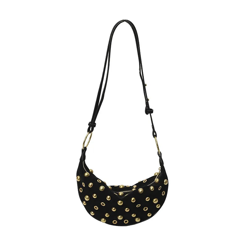 Women's Punk Style Leather Rivet Underarm Bag | Premium Faux Suede Single Shoulder Handbag | Trendy Sewing Thread Rectangle Crossbody Purse | Soft Four-Seasons Velvet Sling Pack Luxegan