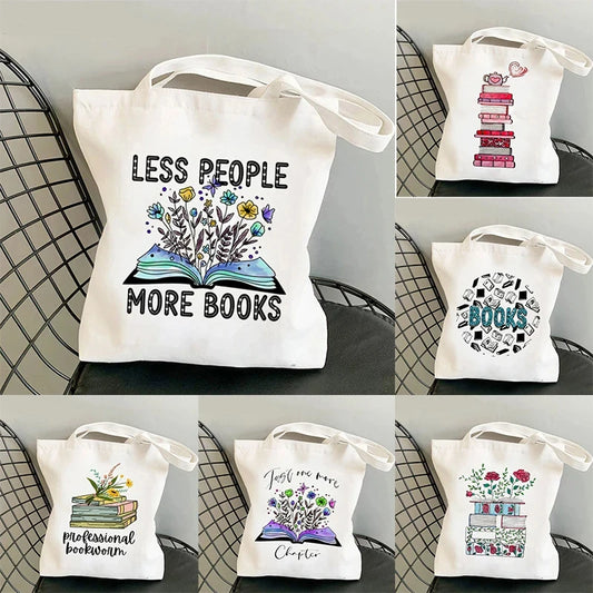 Flowery Books Printed Canvas Tote Bag | Retro Large Capacity Eco-friendly Shopping Bag | Unisex Student Schoolbag Shoulder Bag Luxegan