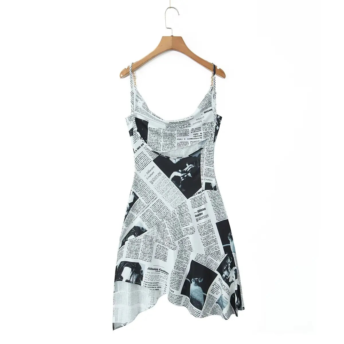 Letter Print Club Spaghetti Strap Sleeveless Regular Fit Asymmetrical Mini Dress – Polyester and Elastane, Natural Waist, Summer Luxegan
