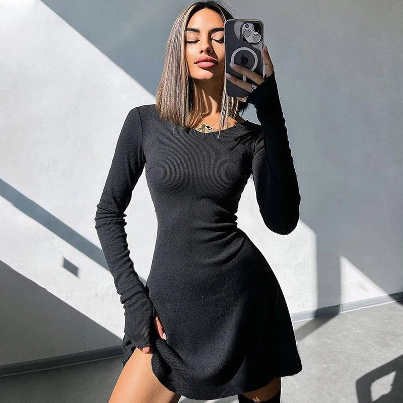Solid V-Neck Sash Belt Slim Fit-and-Flare Mini Dress – Medium Stretch Polyester, Natural Waist, Spring/Summer Luxegan