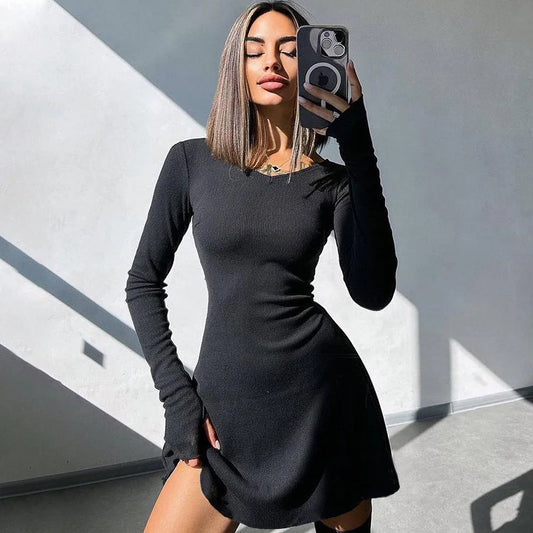 Solid V-Neck Sash Belt Slim Fit-and-Flare Mini Dress – Medium Stretch Polyester, Natural Waist, Spring/Summer Luxegan