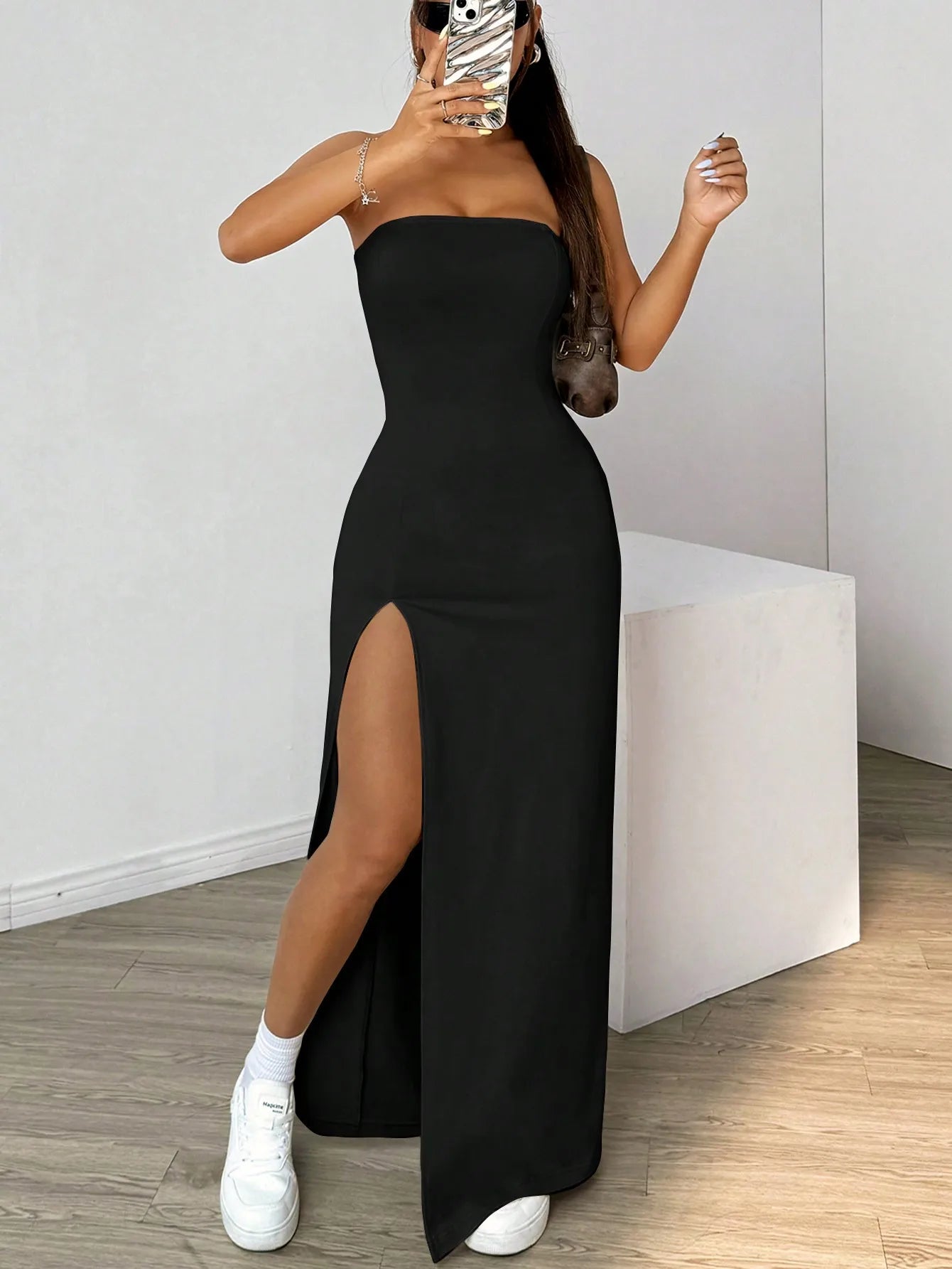 Elegant Ladies Solid Strapless Camisole Long Dress | Slim-Fit Slit Ankle-Length Chest-Wrapping Gown | Simple All-Season Basic Polyester A-Line Dress Luxegan