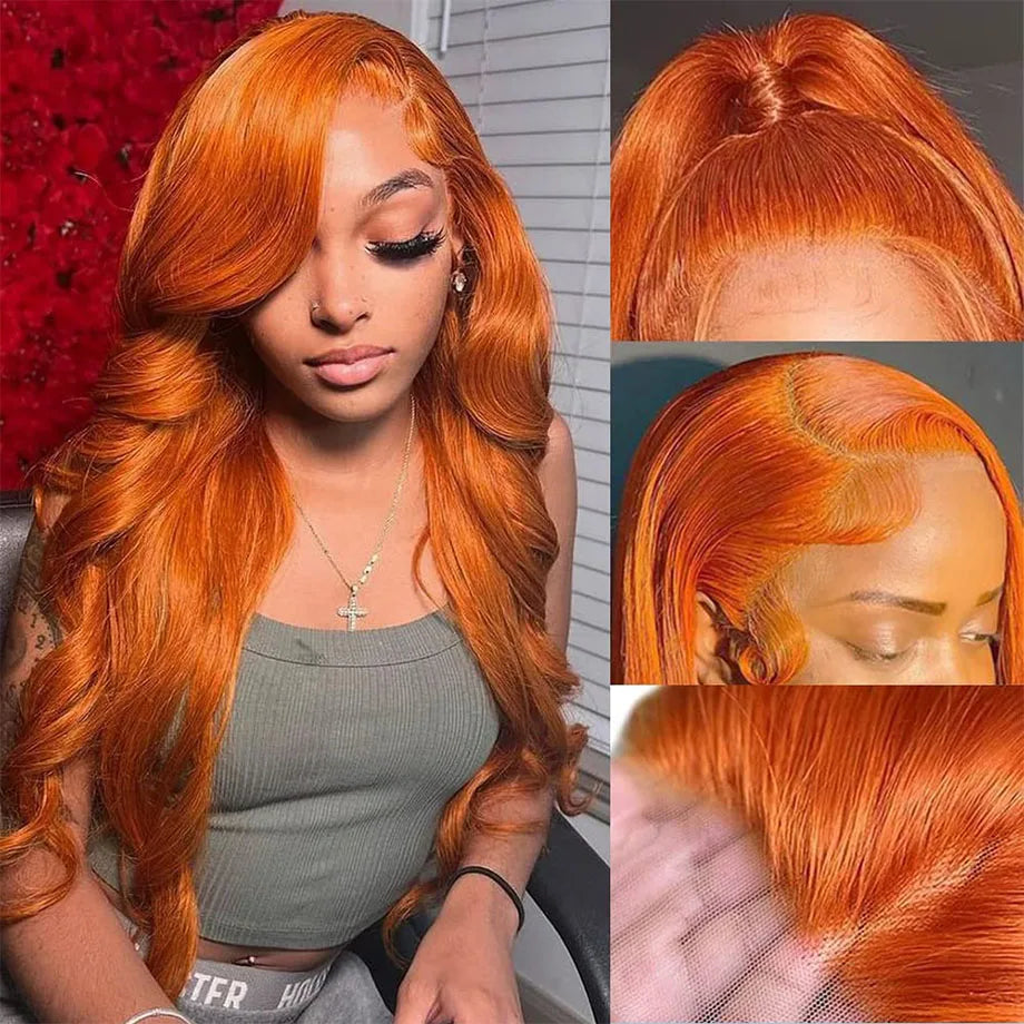 Ginger Orange Body Wave HD Lace Frontal Wig | 100% Brazilian Human Hair Glueless Wig | 30-40 Inch High-Density Pre-Plucked Transparent Swiss Lace Frontal Wig Luxegan