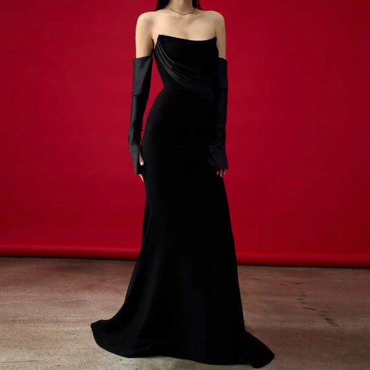  Pleat Backless A-Line Evening Gown | Strapless Full Sleeve Floor-Length Prom Dress Luxegan