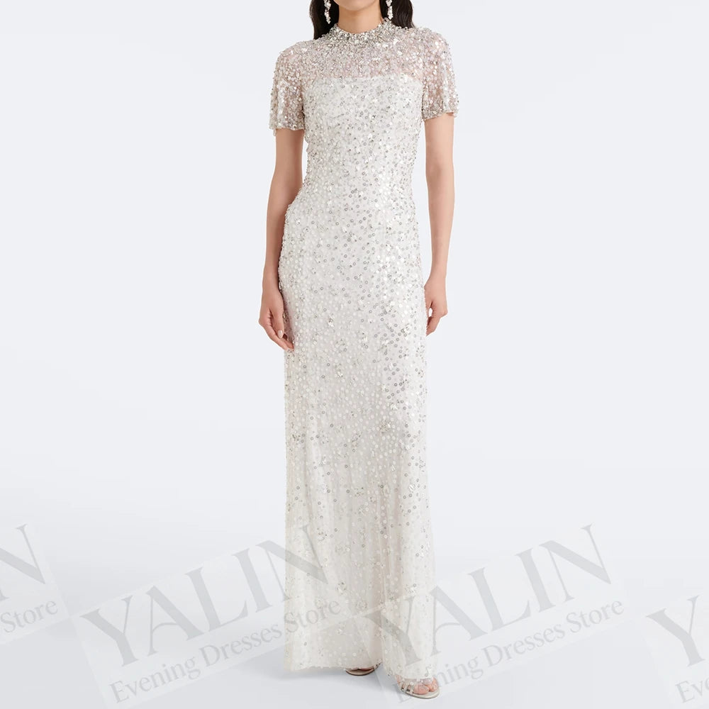 Sequined Crystal A-Line Prom Dress | High-Neck Short Sleeve Ankle-Length Gown Luxegan