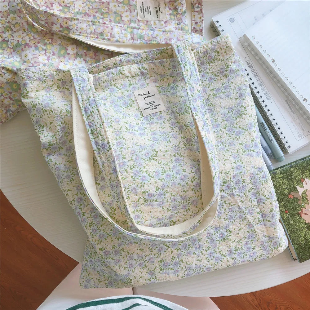 Cotton Floral Women's Bag | Large Canvas Shopping Shoulder Bag for Grocery | Reusable Foldable Female Students Books Tote Handbags Luxegan