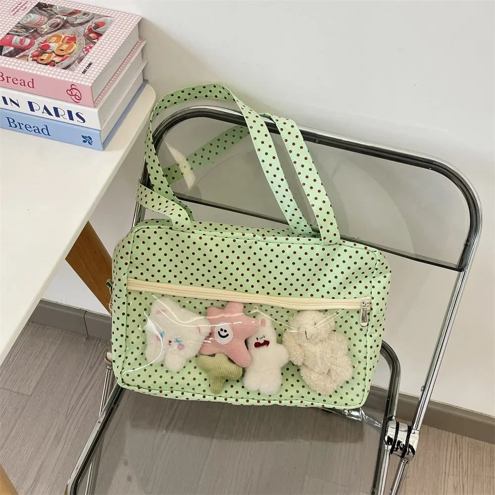 Y2K Ulzzang Ita Bag for Women | Trendy Polka Dot Canvas Shoulder & Underarm Tote (Transparent Pocket, Youth Fashion) Luxegan