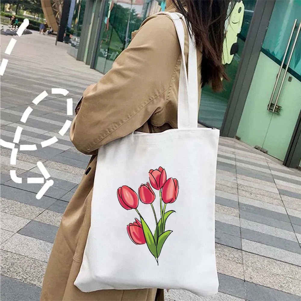 Succulove Floral Cotton Tote Bag | Large Capacity Handbag with Tulips, Hydrangeas, Sunflowers & More (Casual Shoulder Shopper, Eco-Friendly) Luxegan
