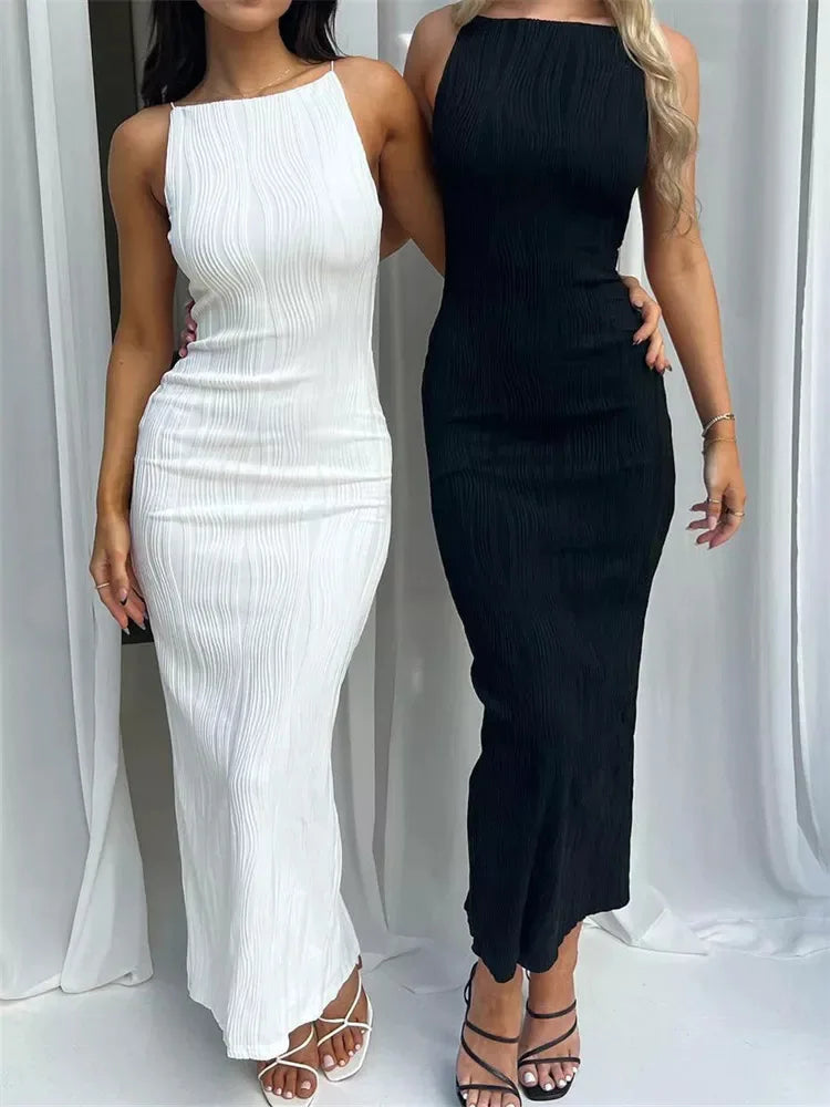 Sexy Solid Ruched Long Dress | Sleek Back-Split Summer Party Clubwear | Sleeveless O-Neck High-Stretch Pencil Maxi Dress Luxegan