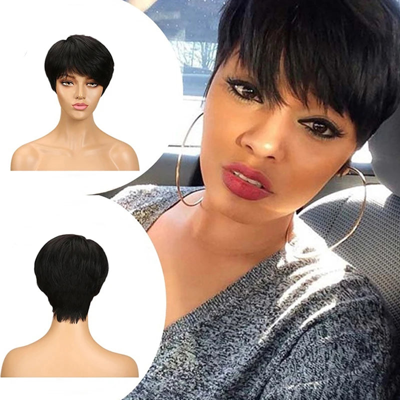 Short Pixie Cut Ready-to-Wear Human Hair Wig - Full Machine-Made Glueless Straight Wig - 100% Remy Human Hair Black, Brown & Red Color Wig for Women (Dyeable All Colors) Luxegan